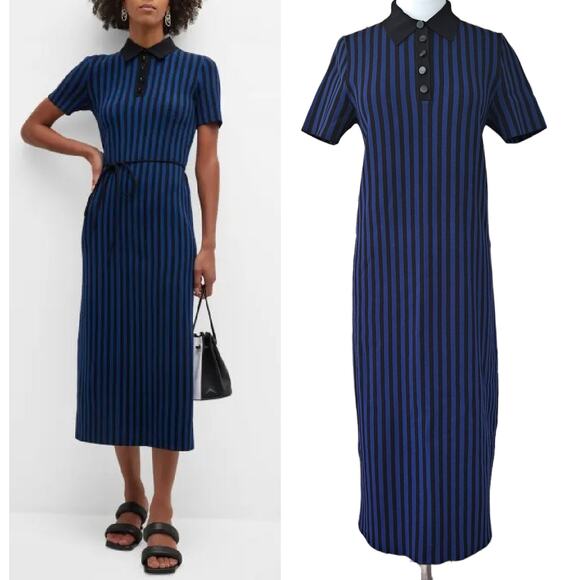 TORY BURCH Striped Knit Polo Midi Dress In Navy Black Size Large Short Sleeve - Picture 1 of 15